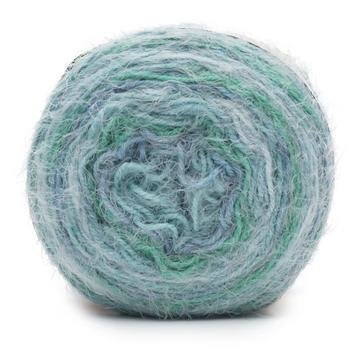 End view of a fluffy yarn skein in light blue, teal, and green with a soft spiral texture, ideal for knitting a Woobie Poncho.