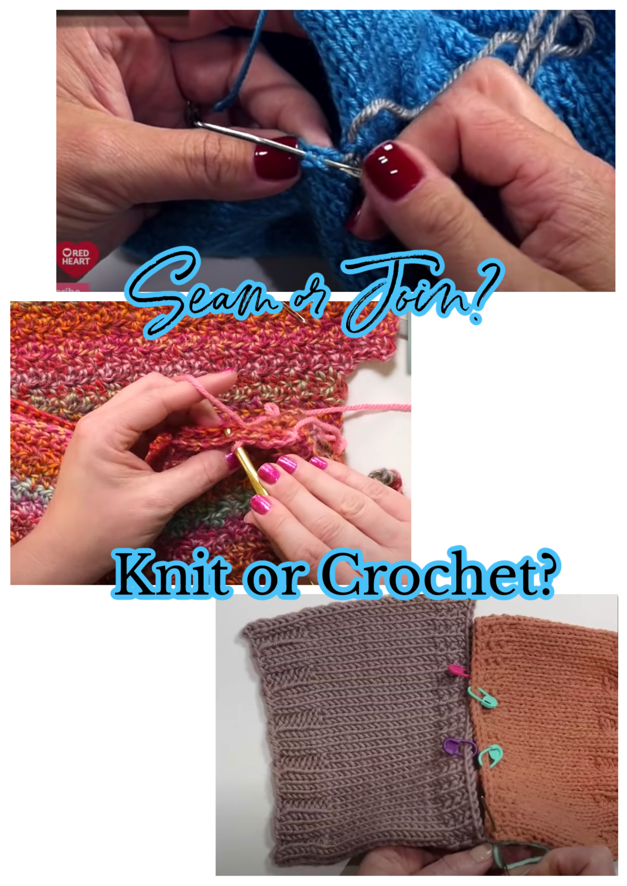 3 images of seaming and joining knitting and crochet - Marly Bird