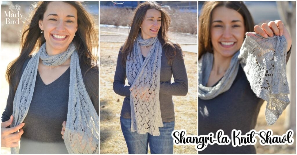 Shangri-La free knit lace shawl pattern collage by Marly Bird, showing the finished offset lace fabric draped multiple ways.
