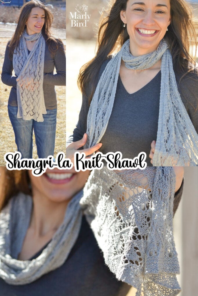 A light gray lace-knit shawl with intricate stitch detail is worn as a scarf, shown outdoors in natural light.