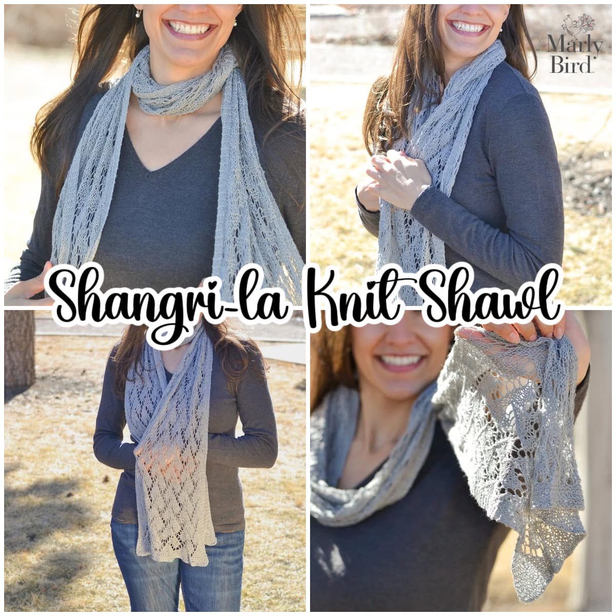 Light gray lace-knit shawl shown in four outdoor poses, displaying detailed stitches and airy, delicate texture.