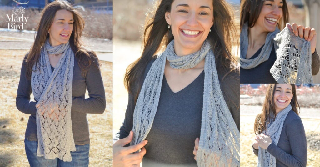 Shangri-La free knit lace scarf or shawl pattern by Marly Bird, collage showing the three sizes worn as a scarf and as a shawl in soft gray lace weight yarn.