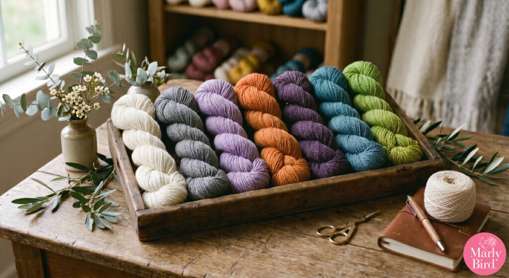 Vibrant skeins of yarn on a wooden tray, with notebook, scissors, and floral accents for a lace shawl knitting project.