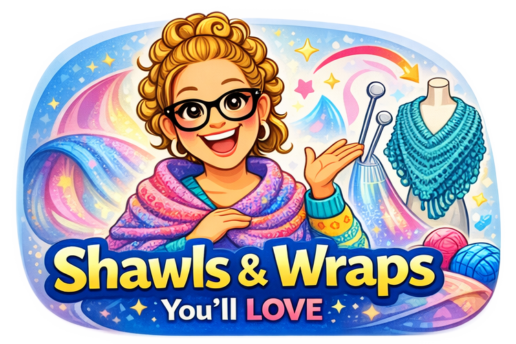 A woman in glasses shows a mannequin with a knitted wrap; yarn, needles, and swirling patterns decorate the crafting scene.