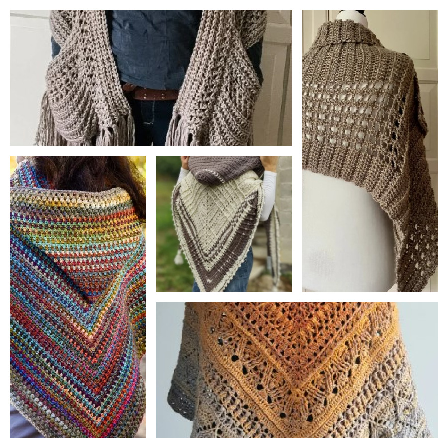 5 crochet shawls with hoods, pockets and various stitch types. Marly Bird.