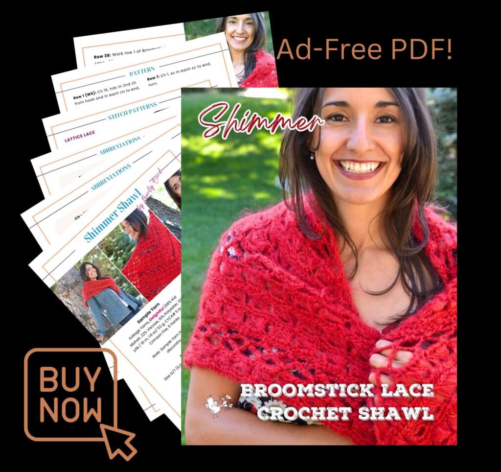 A woman wears a vibrant red crochet shawl featuring broomstick lace stitches; sample pattern pages are spread behind her.