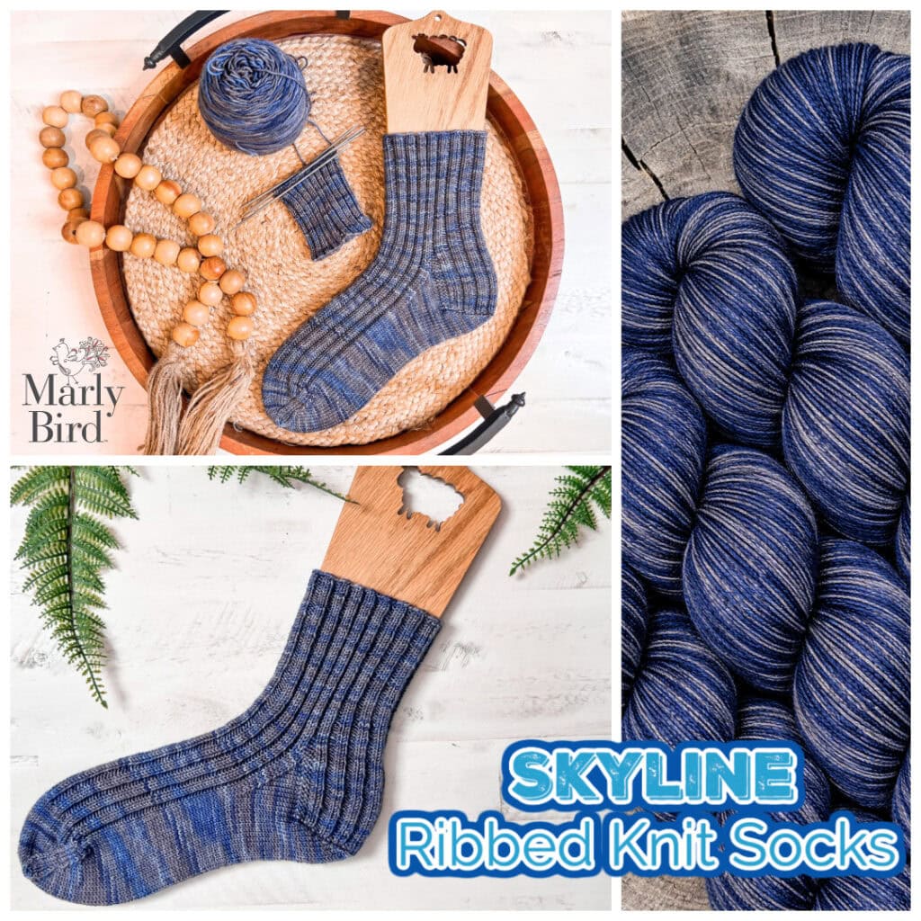 A collage features the Skyline Ribbed Knit Socks, a wooden sock blocker, wooden beads, blue variegated yarn, and the Marly Bird logo—perfect inspiration for your next Ribbed Knit Socks Pattern. -Marly Bird