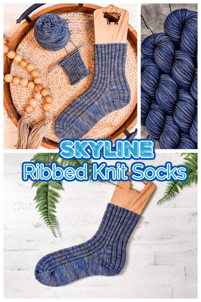 A collage featuring Skyline Ribbed Knit Socks in blue, with yarn skeins and knitting in progress. The socks rest on a wooden blocker, accented by beads and plants. Text highlights "SKYLINE Ribbed Knit Socks – Free Pattern. -Marly Bird