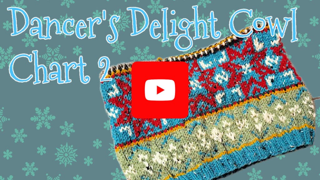 Colorful knitted cowl with blue, red, cream, and yellow patterns on a snowflake background. Large text says "Dancer's Delight Crochet Cowl Chart 2," inspired by Vixen's Vibe, with a YouTube play button in the center. -Marly Bird