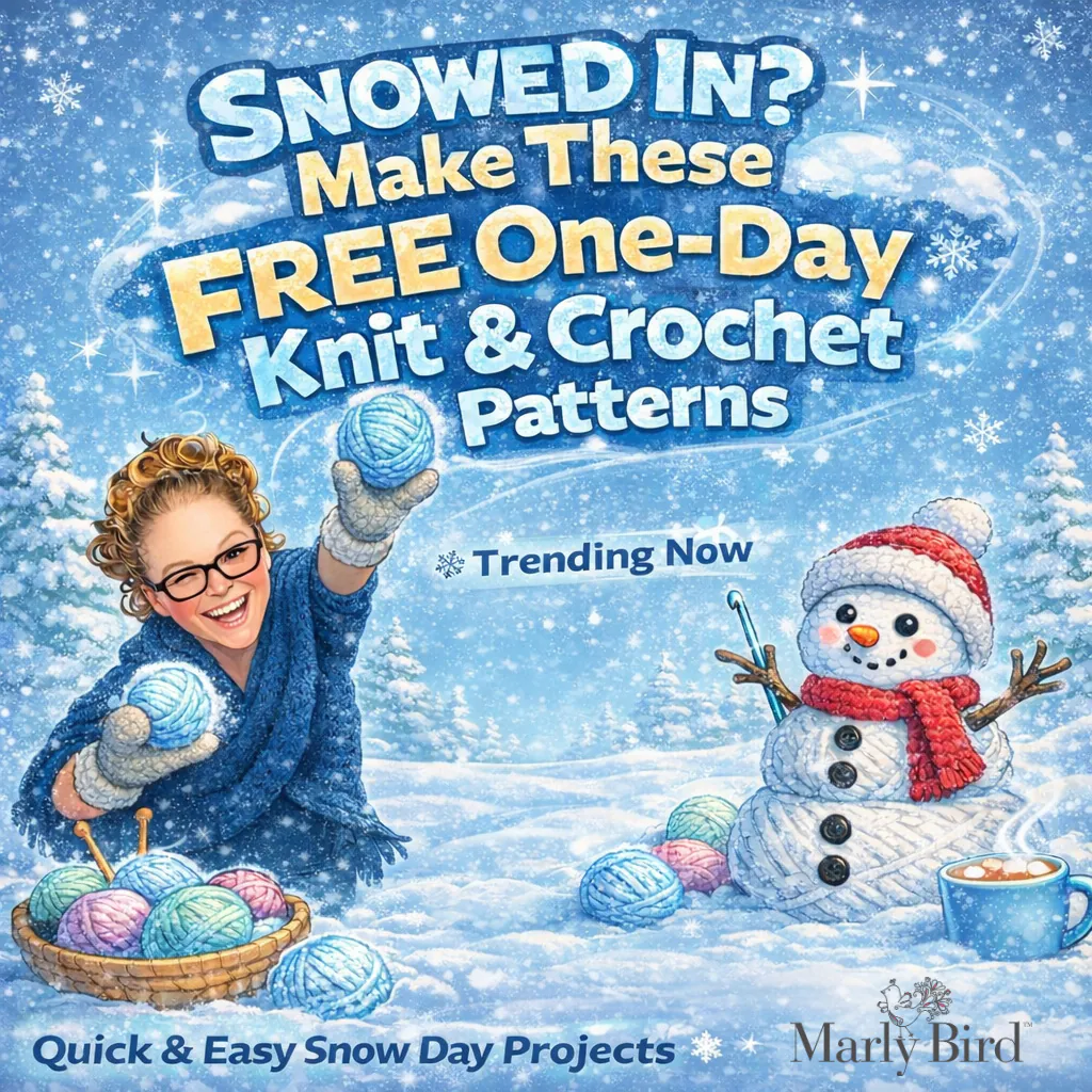 A person in a cozy hat throws a yarn ball at a snowman holding a crochet hook, suggesting winter knitting and crochet projects.