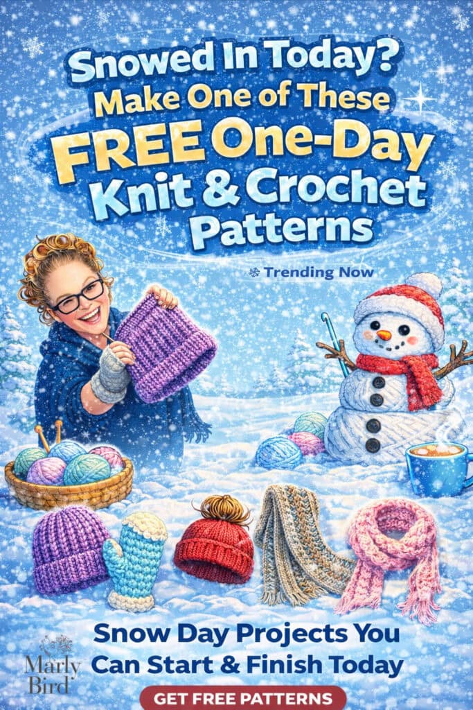 A woman shows a hand-knit purple hat by a snowman, with a basket of yarn, knit hats, scarves, and mittens nearby.