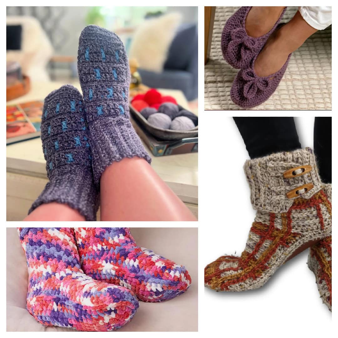 Collage of four cozy crochet slipper designs: top left shows blue and gray slippers, top right features purple slippers with a bow, bottom left displays colorful styles, and bottom right depicts boots with buttons and a rustic pattern. Perfect for knit and crochet sock enthusiasts!. -Marly Bird