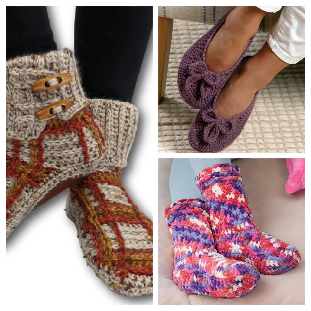 Celebrate comfort with this collage of three cozy knitted slippers: the top left features patterned boots adorned with wooden buttons, the top right showcases purple slippers with cute bows, and the bottom right displays vibrant, multicolored ankle-high slippers. -Marly Bird Cozy Knit and Crochet Socks and Slippers