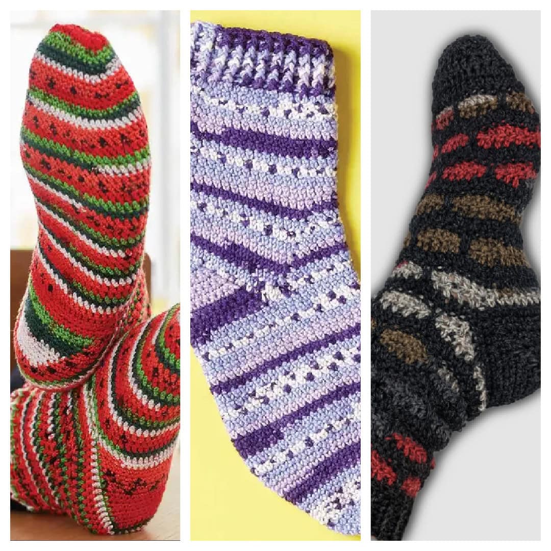 A cozy collage of three knit socks: the first boasts red, green, and white stripes; the second features a purple and white striped pattern; and the third combines black, red, and gray with a playful mix of stripes and speckles. Perfect for your next create challenge!. -Marly Bird Cozy Knit and Crochet Socks and Slippers