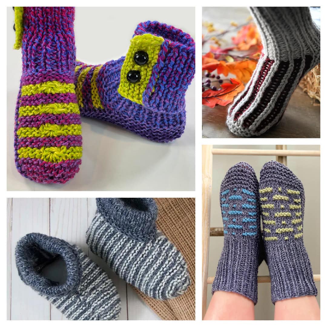 Collage of four cozy slipper designs: Top left, colorful striped slippers with buttons; top right, red and gray striped slippers; bottom left, gray slippers with dark cuffs; bottom right, blue and gray slippers with a geometric pattern. Perfect for knit and crochet socks lovers. -Marly Bird