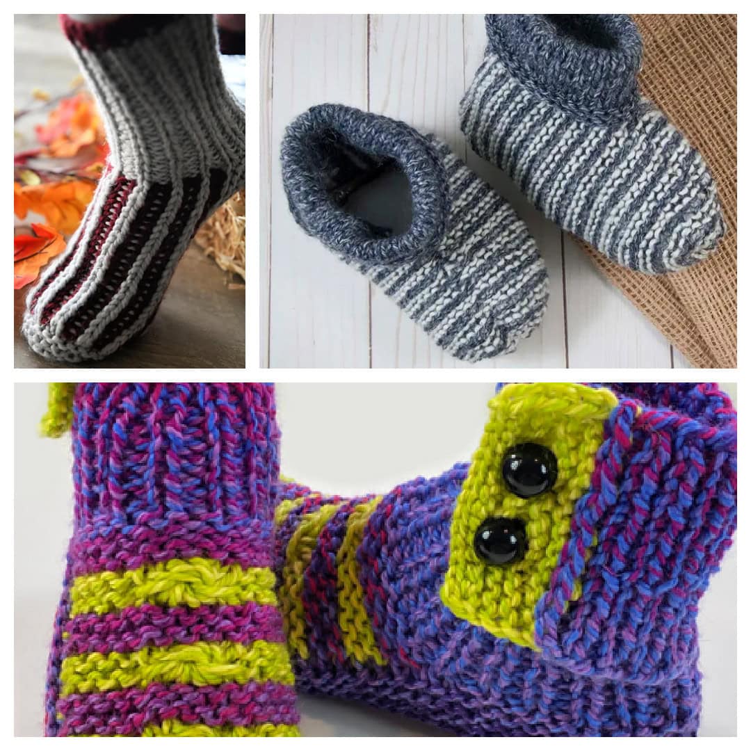 A collage of hand-knitted socks: top left shows striped socks by autumn leaves; top right features gray and white cozy slipper socks; bottom displays colorful socks with purple, yellow, and blue stripes and button details. -Marly Bird Cozy Knit and Crochet Socks and Slippers