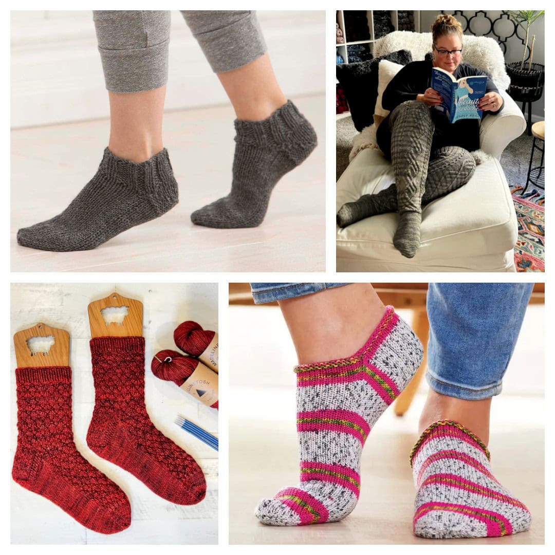 A collage of four cozy sock images: the top left features dark gray ankle socks, the top right shows long gray socks worn by a person reading, the bottom left captures red socks near yarn, and the bottom right displays white socks with pink and gray stripes. Celebrate comfort in every style. -Marly Bird Cozy Knit and Crochet Socks and Slippers