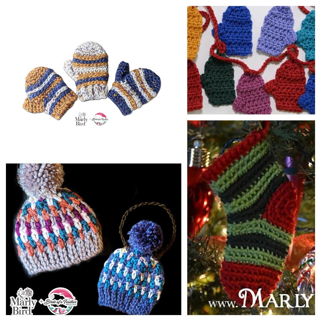 A collage of crochet items: striped mittens, cozy socks, colorful beanies with pom-poms, vibrant mittens on strings, and a green and red striped stocking hanging on a Christmas tree. The logos of "Marly" and "Marly Bird" are sprinkled throughout. -Marly Bird Cozy Knit and Crochet Socks and Slippers