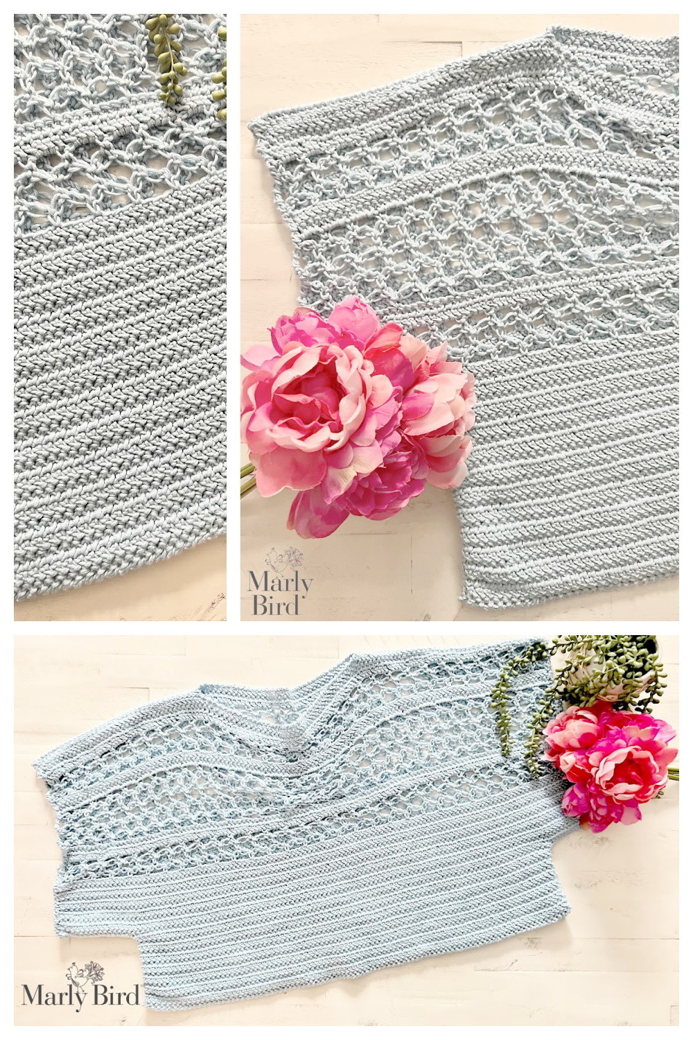 Soloman's Knot Crochet Tee in three different images. Full flat image on the bottom, and two close up images at the top. The crochet pullover pattern is shown in a light blue color of Bernat Softee Cotton yarn - Marly Bird