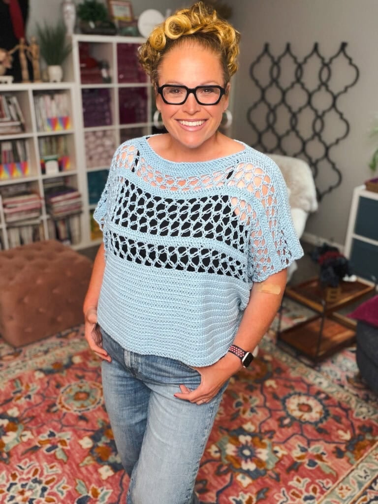 Solomon's Knot Crochet Tee styled over a black tank top — free oversized crochet tee pattern in Bernat Softee Cotton Dusk Sky
