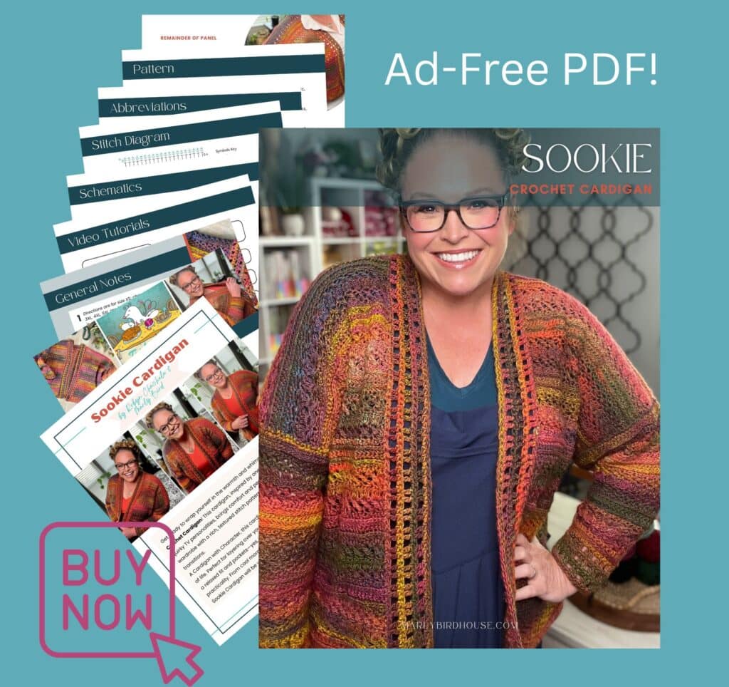 Person models a vibrant crocheted cardigan with bold stitches and cozy texture; pattern pages displayed alongside design.