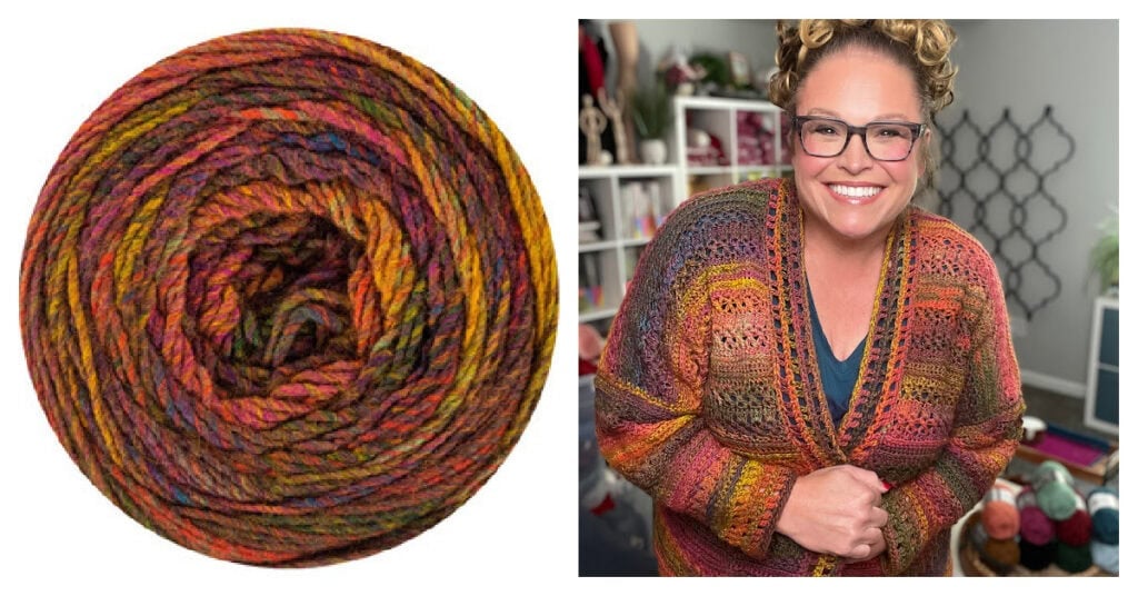 Variegated orange, red, brown, and gold yarn with a person modeling a textured crochet cardigan made from it. Close-up of the Sookie Crochet Cardigan panel stitch pattern showing the crossed double crochet texture in Red Heart Roll With It Mélange Curtain Call