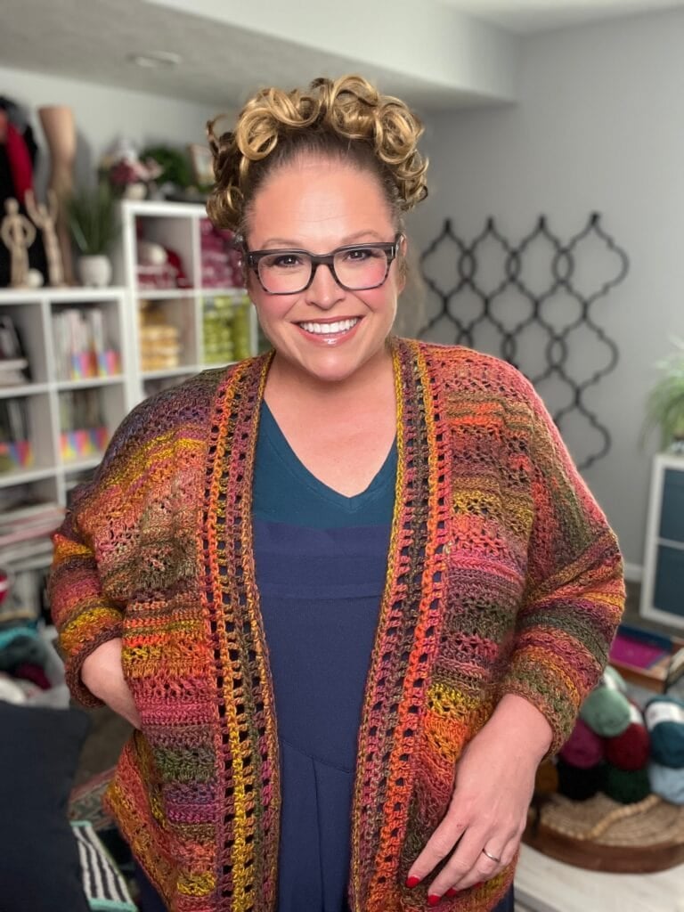 Sookie Crochet Cardigan styled casually showing the panel stitch pattern texture and oversized drape