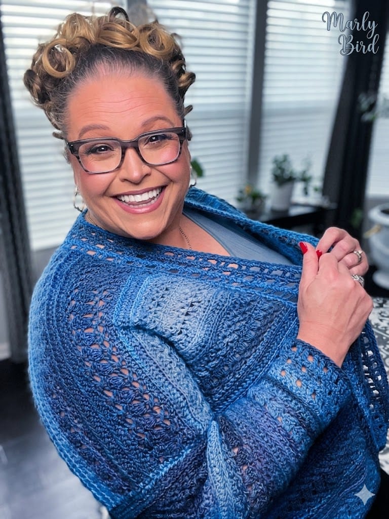 Free Sookie Crochet Cardigan in blue worsted acrylic, oversized crochet cardigan pattern with panel stitch texture