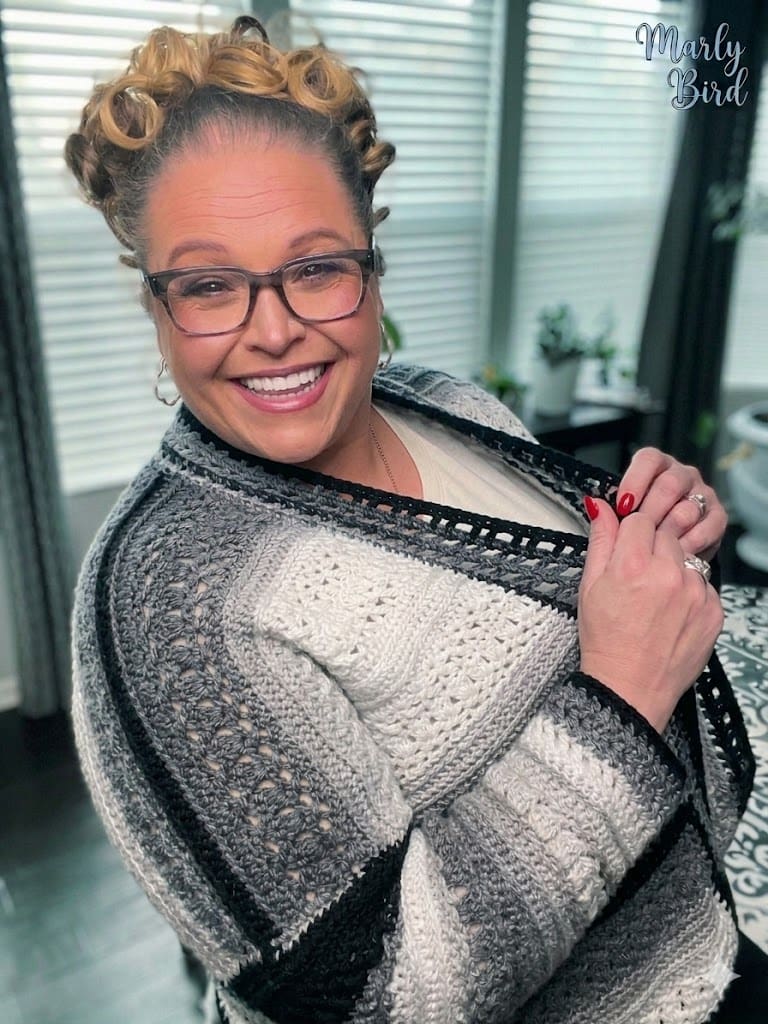 Free Sookie Crochet Cardigan in black, white and gray stripes, oversized crochet cardigan pattern with video tutorials