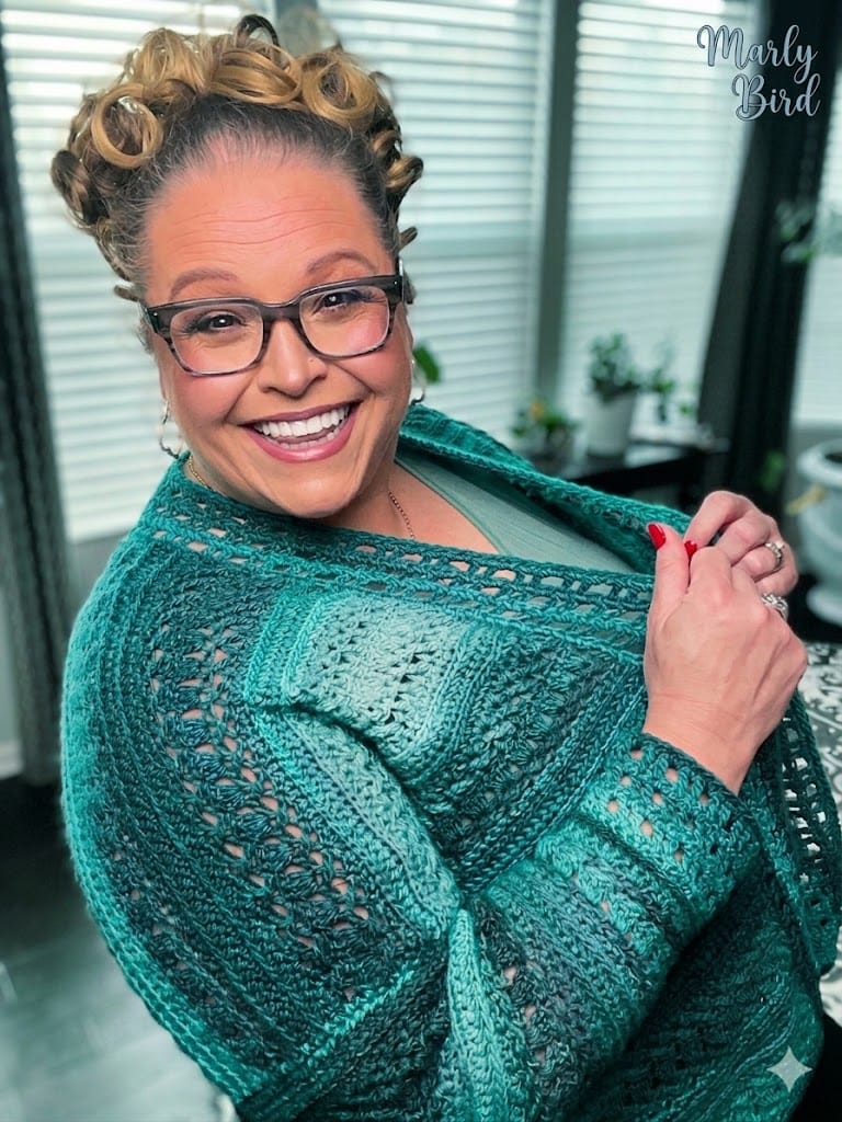 Free Sookie Crochet Cardigan in teal green, plus size crochet cardigan pattern XS-5X by Marly Bird and Robyn Chachula