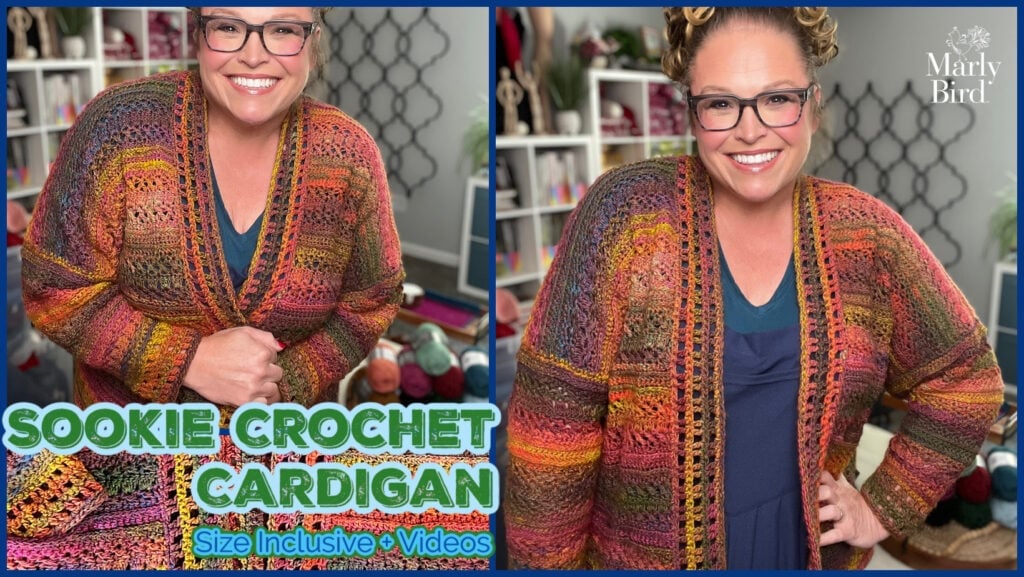 Woman modeling Sookie Crochet Cardigan pattern by Marly Bird, colorful striped crochet sweater, size-inclusive crochet cardigan pattern with video tutorials