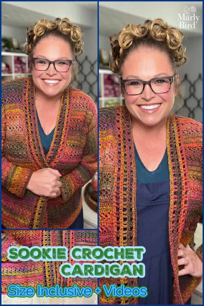 Woman wears colorful crochet cardigan; close-up shows textured stitch detail. Project: Sookie Crochet Cardigan.