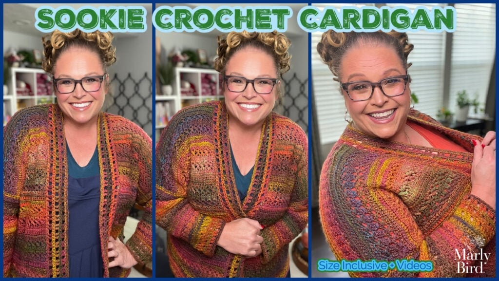 Marly Bird wearing the Sookie Crochet Cardigan in Red Heart Roll With It Mélange Curtain Call, a free oversized crochet cardigan pattern in sizes XS-5X