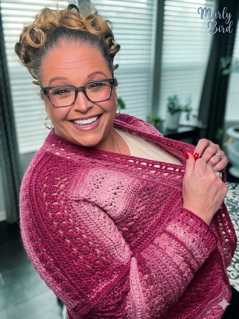 Free Sookie Crochet Cardigan in soft pink, panel construction crochet cardigan with optional pockets by Marly Bird