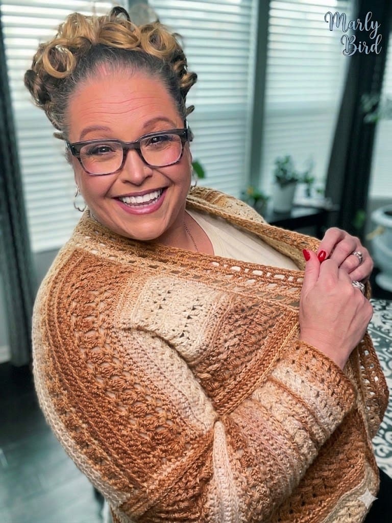 Free Sookie Crochet Cardigan in neutral tan and cream stripes, size inclusive crochet cardigan pattern XS-5X