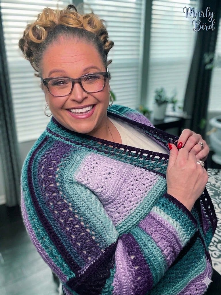 Free Sookie Crochet Cardigan in purple, teal and white, free crochet cardigan pattern with panel construction by Marly Bird