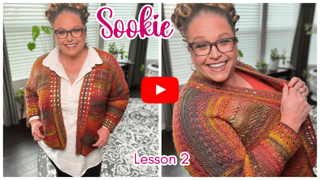 A woman wearing glasses showcases a colorful Sookie Crochet Cardigan in a split image. The left side shows her smiling at the camera, while the right highlights the cardigan's detail. Text reads "Sookie Lesson 2" with a YouTube play button icon, perfect for those customizing length in their crochet projects. -Marly Bird