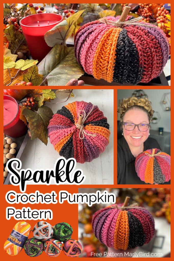 Advertisement for the "Sparkle Crochet Pumpkin Pattern" featuring a multi-colored crocheted pumpkin. The image includes yarn balls, a candle, autumn leaves, and a person holding the crocheted pumpkin. Text highlights a free crochet pumpkin pattern available at MarlyBird.com. -Marly Bird