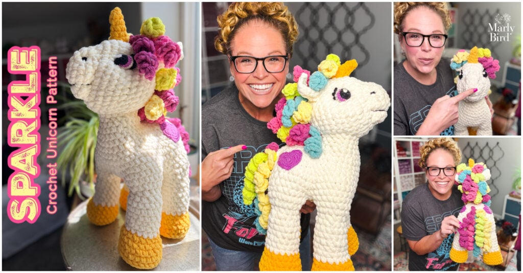 Sparkle the Crochet Unicorn free pattern promotional collage — Marly Bird holding white amigurumi unicorn with rainbow mane, gold horn, and multiple finished views by Marly Bird