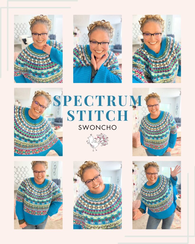 A smiling person with glasses and curly hair models a colorful, patterned knit sweater in cheerful poses. The text "Spectrum Stitch Crochet Swoncho" appears in the center with a yarn graphic. -Marly Bird