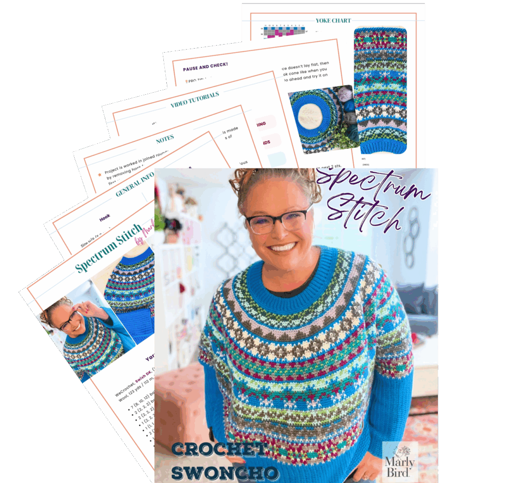A smiling woman in a colorful crocheted sweater stands before the cover and interior pages of the "Spectrum Stitch Swooncho" crochet swoncho by Marly Bird, featuring a stranded colorwork pattern with instructions and design charts. -Marly Bird