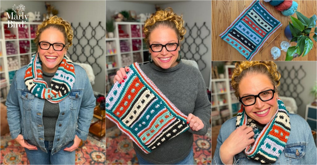 Woman modeling a vibrant Tunisian crochet cowl, with close-ups showing the textured stitch detail and soft yarn skeins.