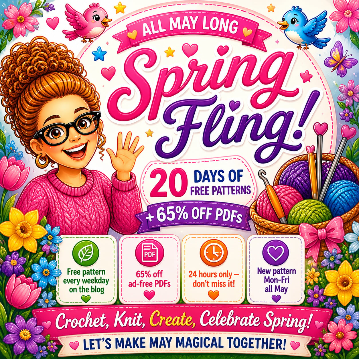 A cheerful woman in glasses waves amid illustrated flowers, skeins of yarn, and birds; spring craft themes are featured.