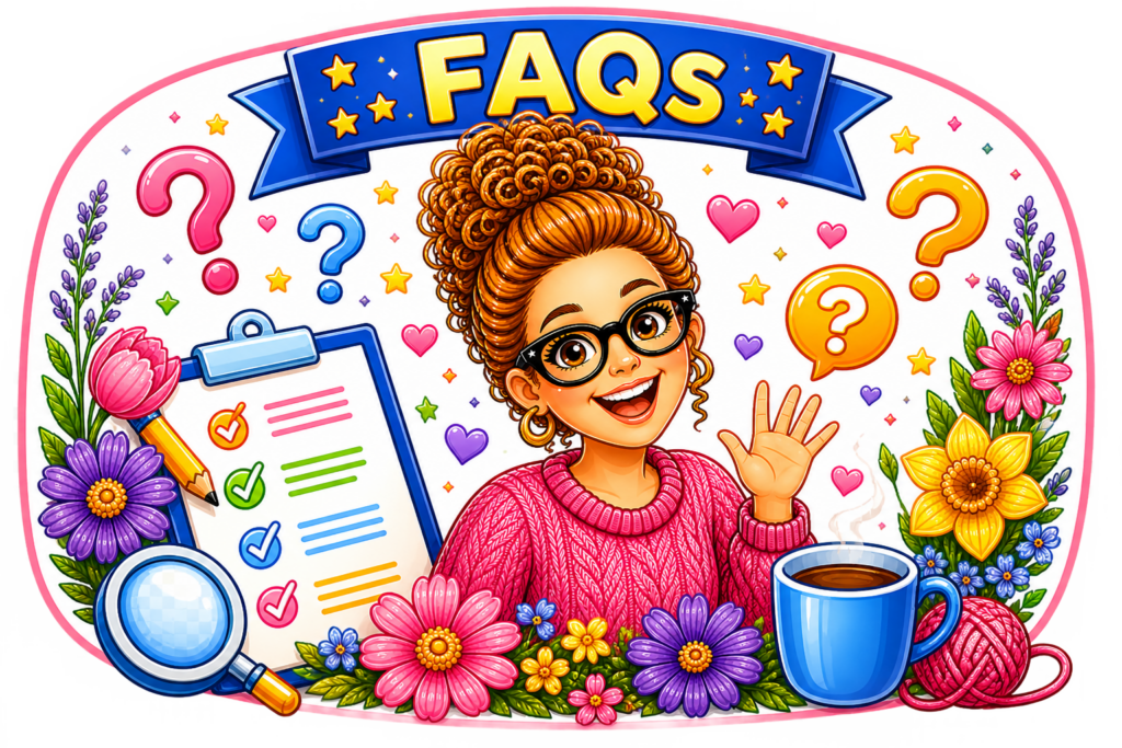 A smiling woman with curly hair waves amid colorful flowers, a clipboard, coffee cup, and question marks below an FAQ banner.