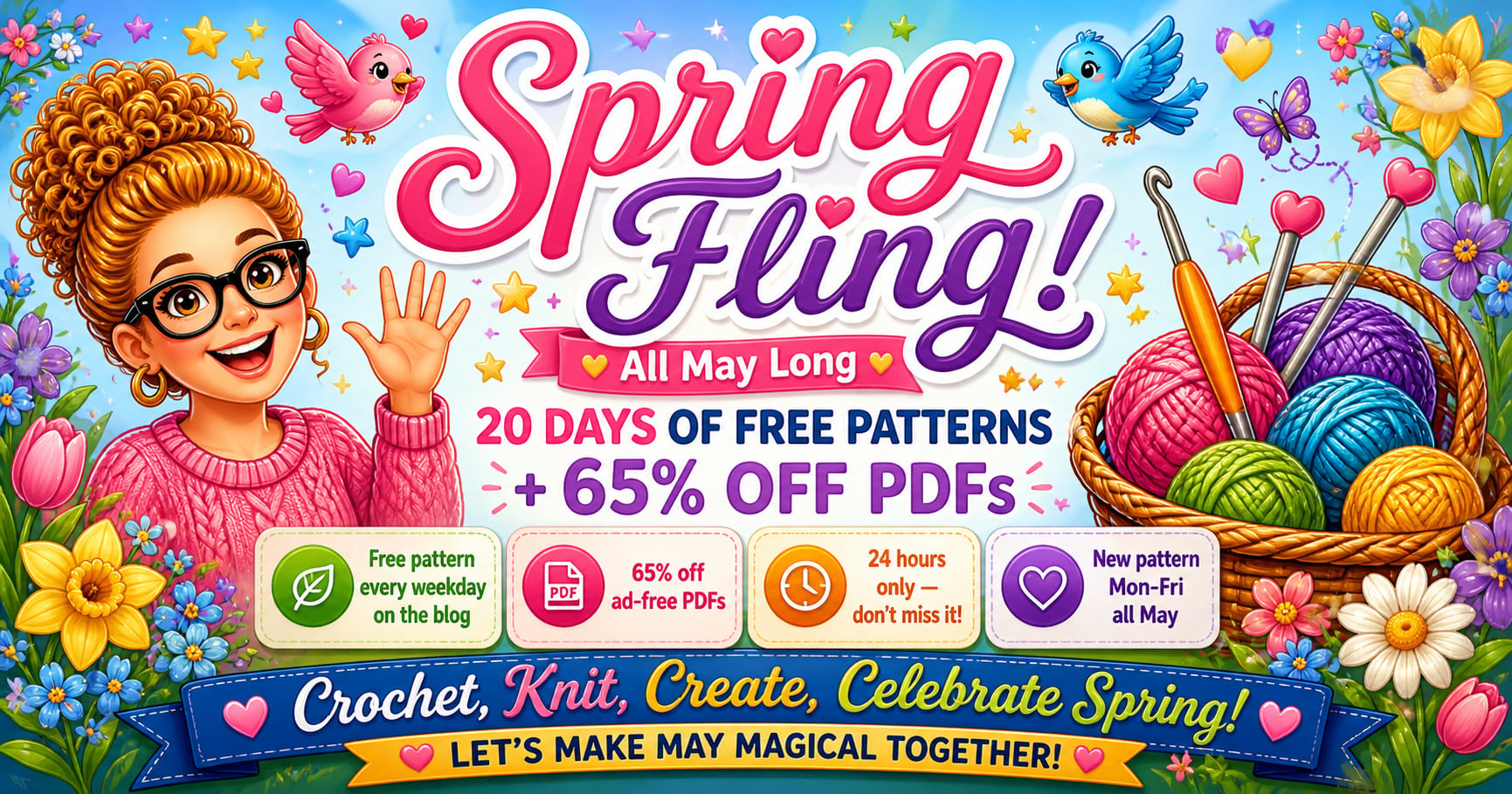 Spring Fling 2026 — Marly Bird's free pattern event with 20 days of free spring & summer knit and crochet patterns plus 65% off ad-free PDFs