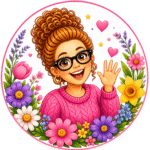 Crocheted woman figure with curly hair, glasses, pink sweater, waving; surrounded by spring floral and heart applique details.