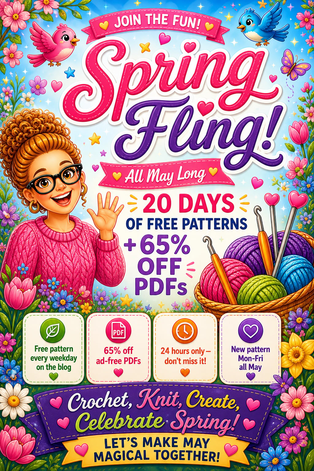 Poster with smiling woman waving, surrounded by flowers, butterflies, and a basket filled with colorful yarn skeins.