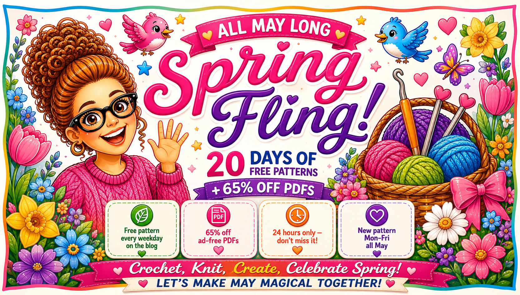 Banner shows a smiling woman with glasses beside flowers, birds, yarn, knitting needles, and crochet hooks for spring crafts.