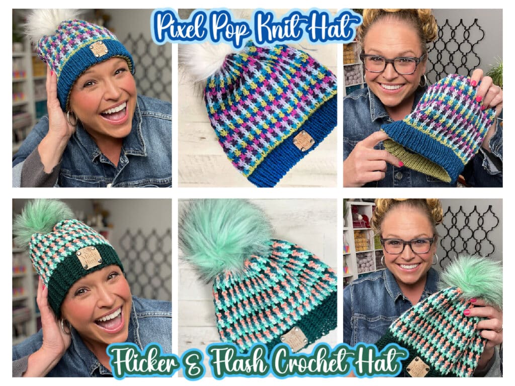 A smiling woman showcases holiday hats in a vibrant collage, wearing and holding colorful knit and crochet hats with pom-poms. Text reads “Pixel Pop Knit Hat” and “Flicker & Flash Crochet Hat”—perfect for fans of playful knit patterns. -Marly Bird