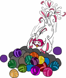 A whimsical white rabbit with pink accents and decorative swirls joyfully leaps into a large pile of colorful yarn balls, celebrating the playful spirit of the This or That Make-Along 2025. -Marly Bird
